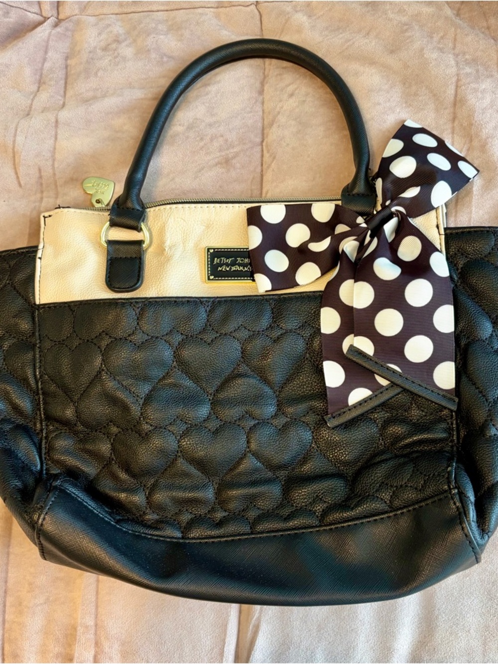 Betsey Johnson Black and Cream Quilted Heart Tote with Polka Dot Bow